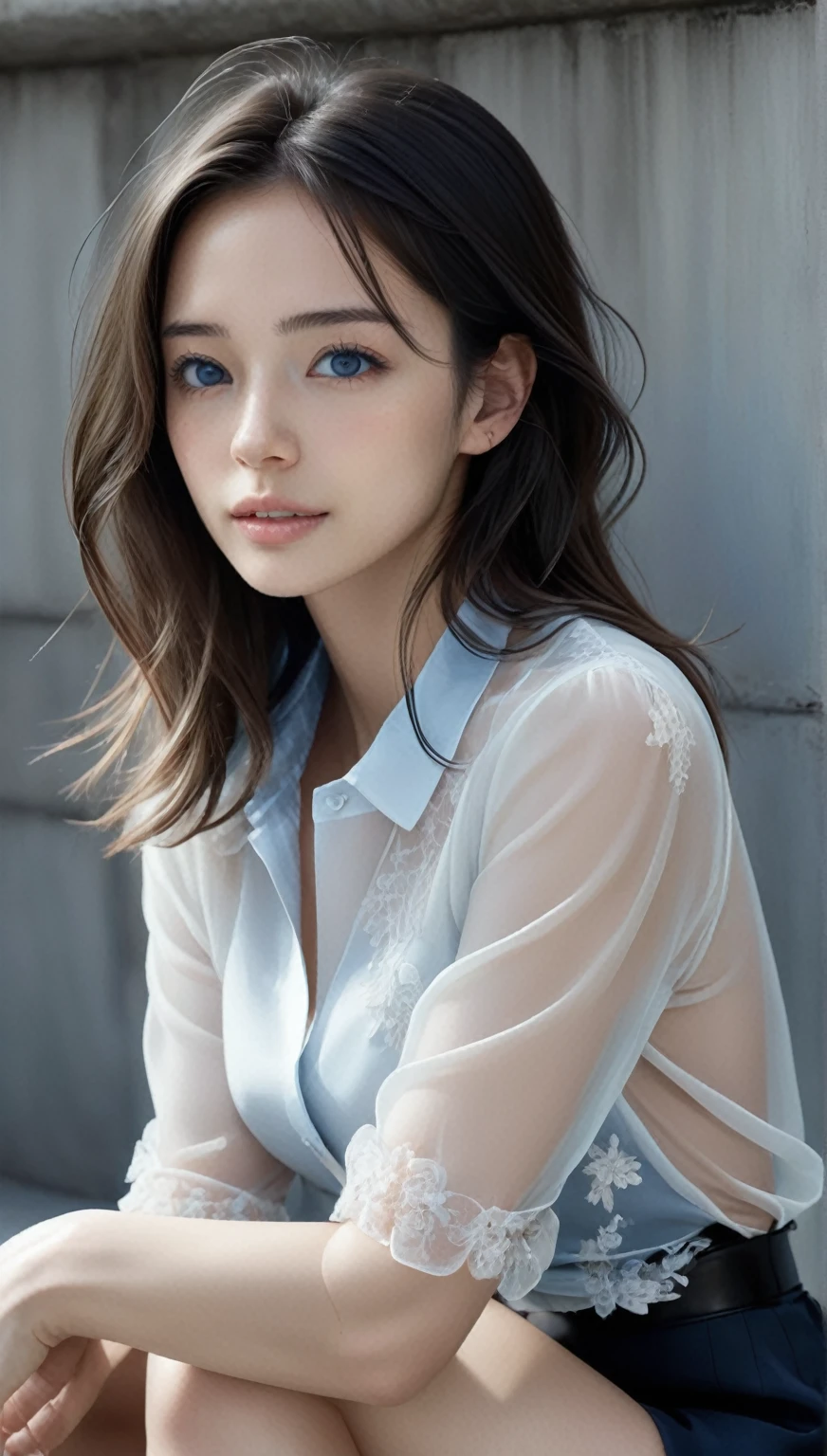 masterpiece, Highest quality, Realistic, Futuristic Fashion Art,
BlakeBeautiful young woman, ig model, April Rendering, (Wide-angle, Full Body Shot, Sitting on a block:1.6),
Breaking Bold Exposure, (Ultra Slim Waist, Firm medium-breasted, Medium sized butt, Beautiful sexy legs:1.2), Camel Toe, Creates a sculptural beauty, Beautiful white, silky skin, A slim and beautiful neck, Small Head,
Small Head, Detailed face, Cute and pretty slim face, Duck mouth, perfect beautiful teeth, Trimmed gray hair, blue eyes, Shining Eyes, The audience watching,
Layered with a sheer white organza blouse with elegant floral embroidery.
How to enhance your feminine charm、Choose a black lace skirt.
Accessorize subtly with a Blake silver chain bracelet and hoop earrings for an elegant look.
Black patent leather flats with clear PVC panels、Complete your elegant look。.
Breaking up a soft hairstyle, Elegant waves that give a light and airy impression.
Keep your makeup natural, Pink lipstick accentuates feminine charm.
Blake exudes confidence with a calm demeanor, Embodying the cheerful atmosphere of spring、It represents feminine street chic fashion.,
(Concrete, fog, haze, Realistic black Shadow:1.9)