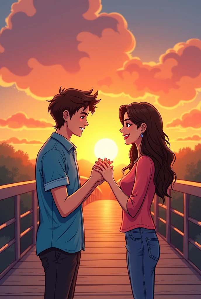 Generate me an image of a girl that is drawn as an illustration that looks more or less like a comic of a brunette girl like 20 years old that has long straight brown hair and that is with a boy with wavy hair with a blue shirt on a bridge where you can see a sunset and he is ON HIS KNEES (the boy) with a ring to propose to her 