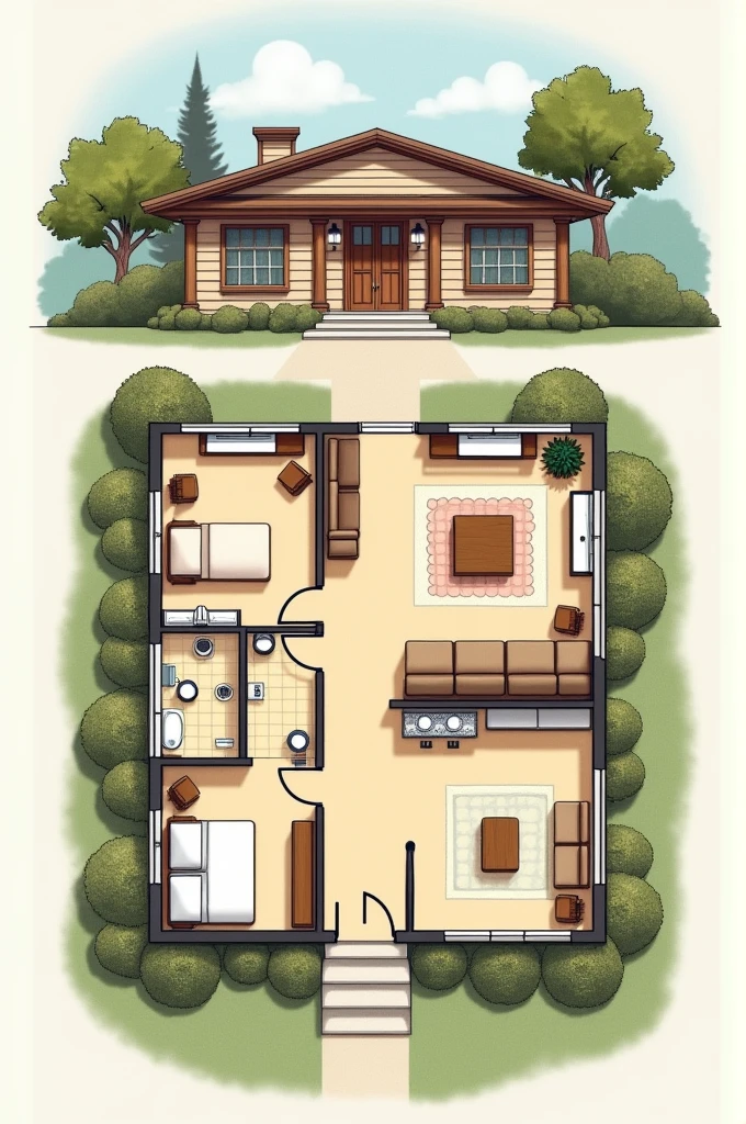 A house layout that has a porch, a living room, and 1 bedroom with attached bathroom in the front half of the house, another bedroom with attached bathroom and a small kitchen in the back half of the house
Overall the houses has four sections only