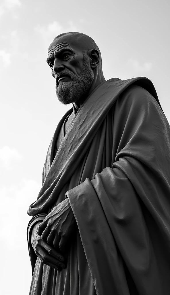 Philosopher's sculpture with a stern face and sharp features standing tall under bright skies. Make the theme black and white , make it vibrant and hyper realistic.