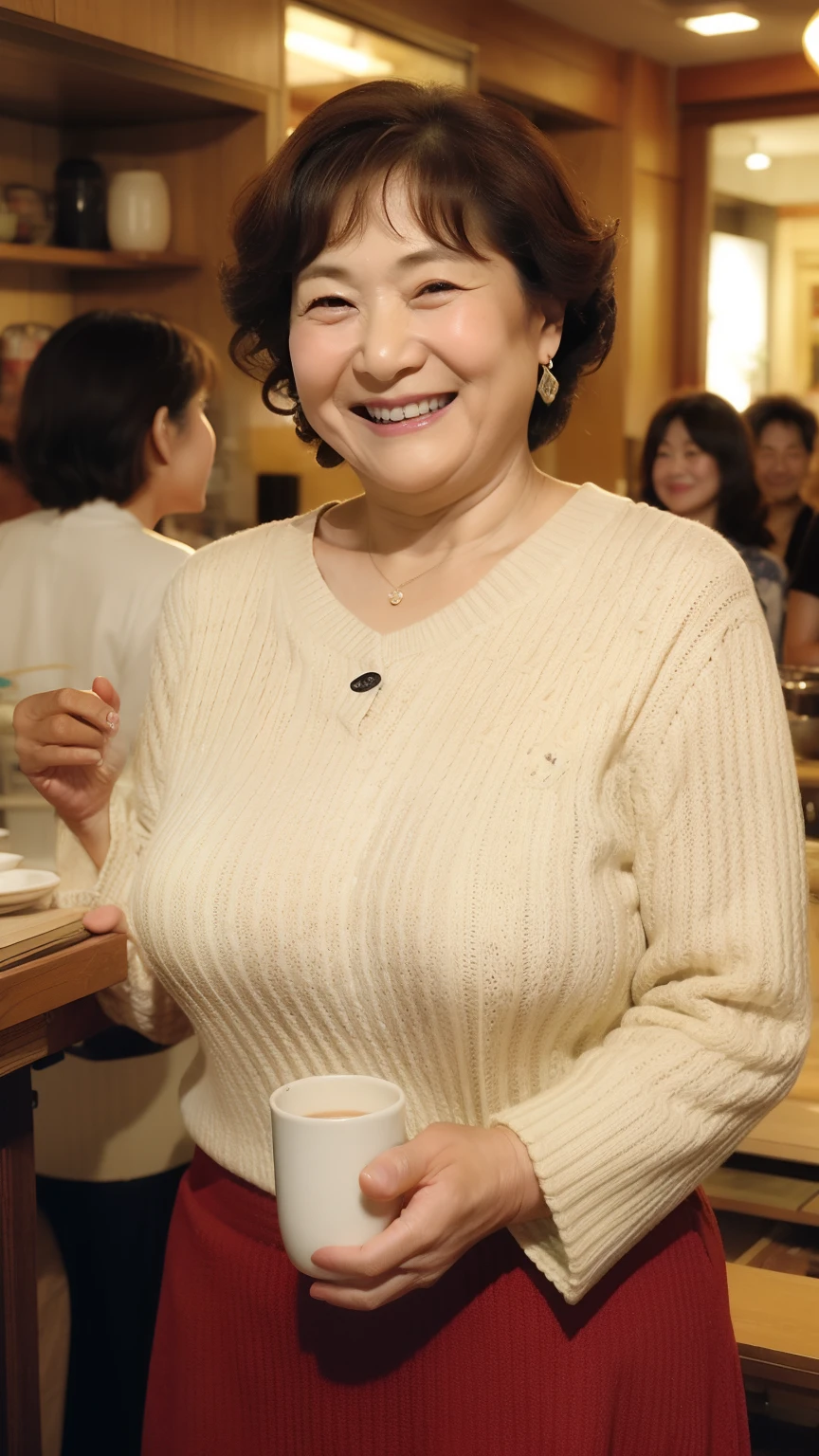 Osaka's aunt、Organic Photography、Highest quality、masterpiece、Ultra-high resolution、Beautiful Japanese old lady、60 years old、Looking at the audience、Elegant face、Smiling with teeth showing、Big Breasts、Wearing a plain short-sleeved knit、Wavy Hair、mini skirt、Earrings、A corner of a coffee shop, Background Blur