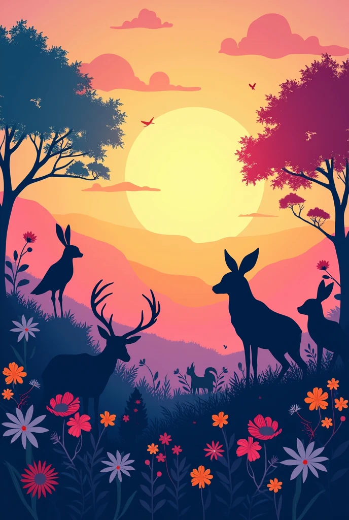colorful silhouettes of animals in a nature scene
