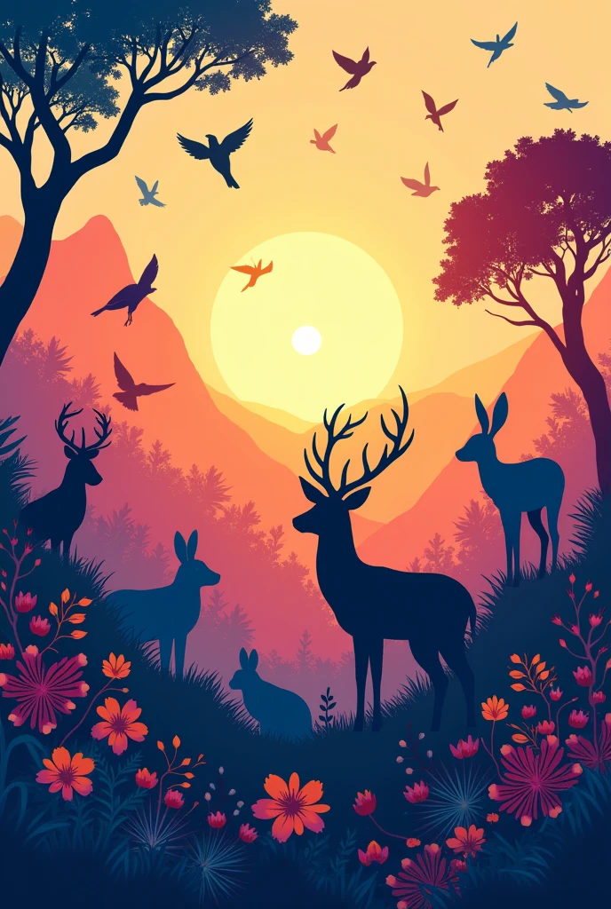 colorful silhouettes of animals in a nature scene