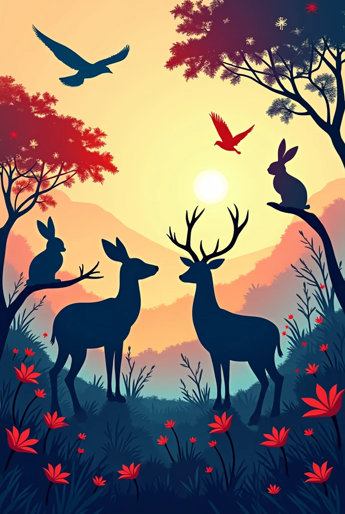 colorful silhouettes of animals in a nature scene
