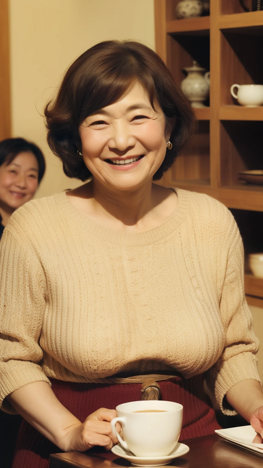 Osaka's aunt、Organic Photography、Highest quality、masterpiece、Ultra-high resolution、Beautiful Japanese old lady、60 years old、Looking at the audience、Elegant face、Smiling with teeth showing、Big Breasts、Wearing a plain short-sleeved knit、Wavy Hair、mini skirt、Earrings、A corner of a coffee shop, Background Blur