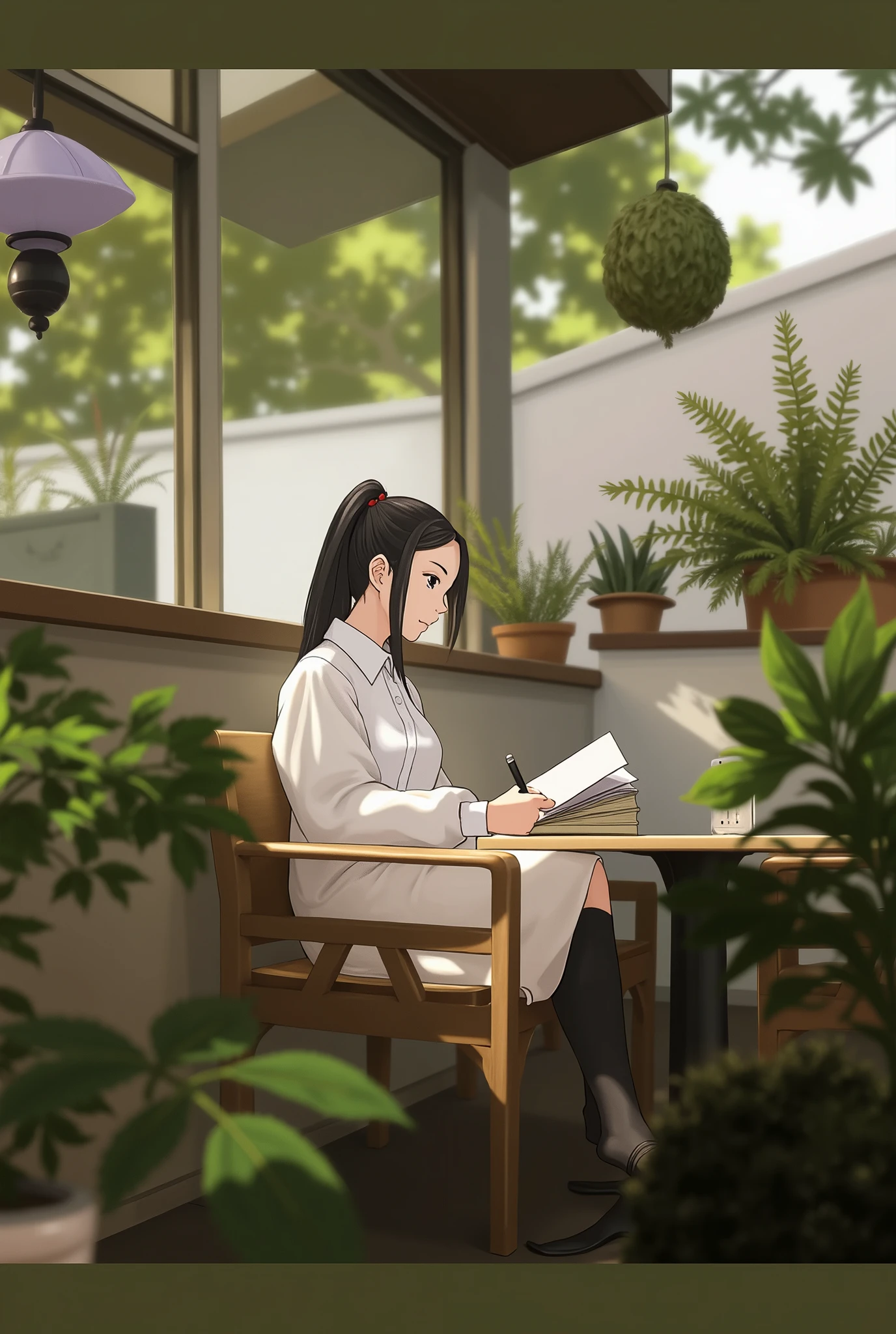 anime girl sitting in a chair reading a book in a garden, (ponytail forehead hair pulled back:1.3), (black hair:1.3), sitting in a cafe alone, mysterious coffee shop, sitting alone in a cafe, relaxing concept art, anime style, from girls frontline, fine details. girls frontline, girls frontline universe, girls frontline style, girls frontline, girls frontline cg, soft anime illustration, 2 0 2 2 anime style, 2022 anime style, pixiv contest winner, pretty anime character design, render of april