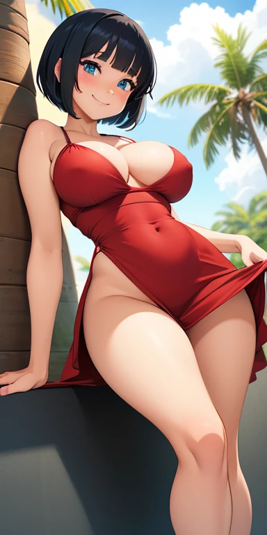 Anime girl, blue eyes, black short hair, muy voluptuosa, , medium breast, shy smile, wallpaper, cute red dress, strap, breasts bounce, desert island, coconut trees, house