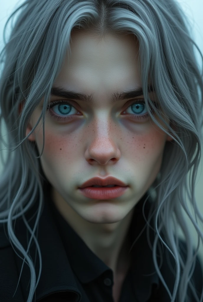 male、、blue eyes、young、sad、lonely、Grim expression、Close-up of face、beautiful、neutral、Long eyelashes、Straight nose、White skin、Gray Hair、Long Hair、Staring at the audience、Facing left、Realistic、Real、Highest quality、8k、