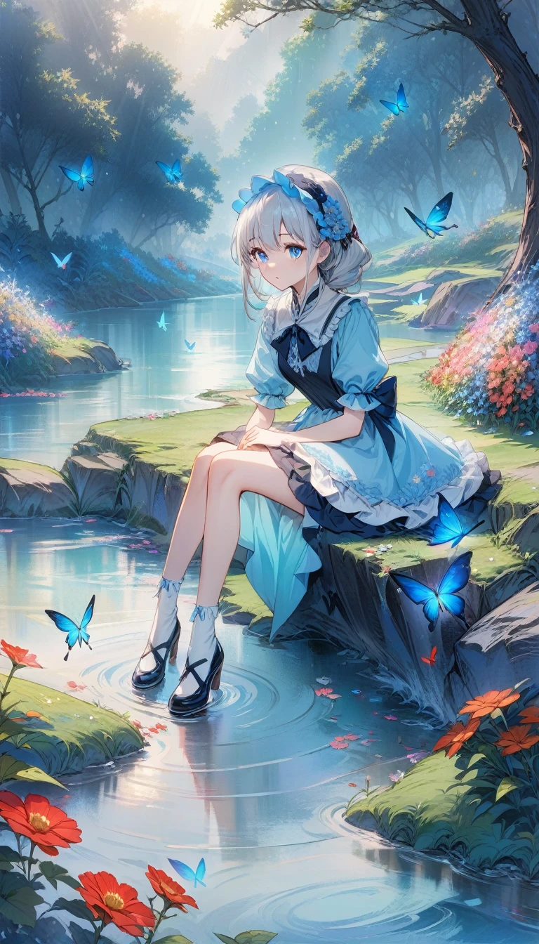(masterpiece),(best quality),illustration,Extremely detailed,HDR,Depth of Field,(rich and colorful),This is a masterpiece that exudes exceptional quality. The illustration is ultra-detailed,Using HDR technology to create a sense of depth. The theme is original,Beautifully,和Beautifully艺术品,Vivid colors,Full of fantasy elements. Girl sitting on the seashore,surrounded by running water,The background is a dark blue world tree,Located in the cemetery. The tranquil and dreamy atmosphere gives the whole scene a soulful and charming temperament. Her pale complexion,Blue eyes sparkling,And silver hair dotted with flowers,Create charming portraits. She is wearing ta style clothes,Poker face,Mouth tightly shut. Background ranges from white,transparent,Cycle Options,There are also translucent blue butterflies flying around,Adds vitality to the work.,