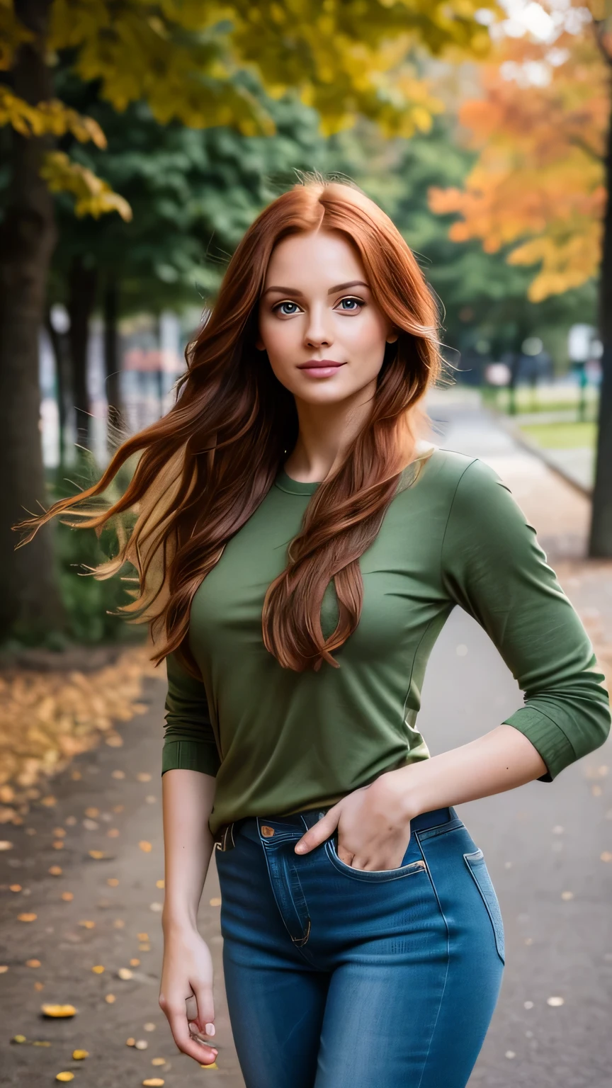 Realistic full body photo of a smiling, Young red-haired girl with long hair, She dances in front of the camera in a long green shirt and tight jeans., Park,glamour fotoshooting, Park, perfect anatomy, perfect green eyes. Perfect hands with 5 fingers on each hand, Matching girl, looking at the camera, 1 Frau. (Eye make up:1.1), (highly detailed skin:1.1), spirit, analog style, keen focus, 8K UHD, dslr, good quality, Fujifilm XT3, Grain, Award-winning, masterpiece. Park