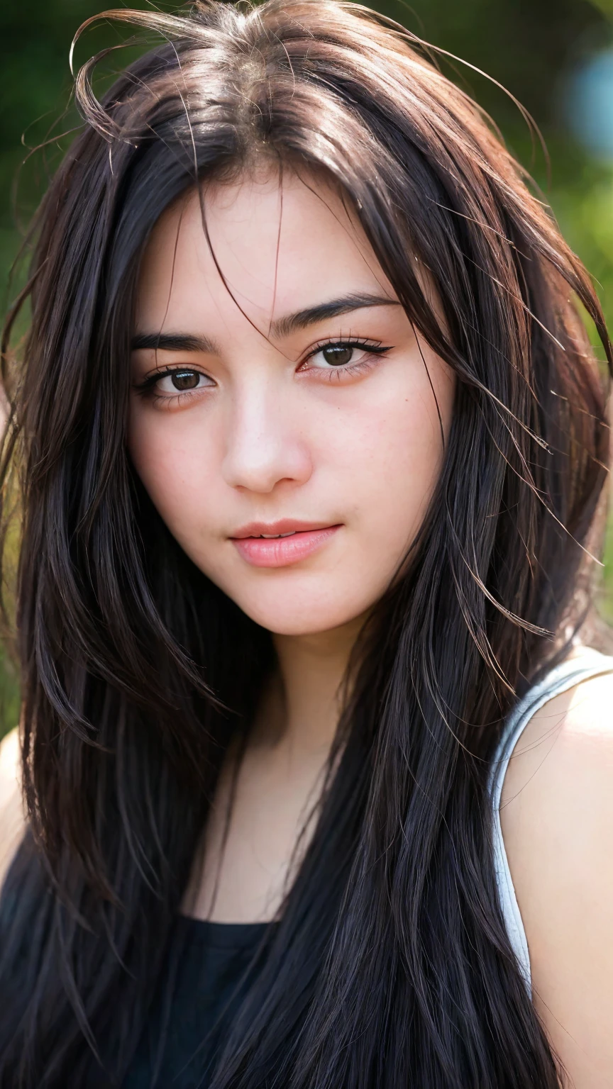 Close-up details, realistic style photo, tifa, black hair, long hair, outstanding style, tall, cute, in her teens. Use soft lighting to cast gentle shadows on the subject, adding a touch of dimension to your images without compromising details,