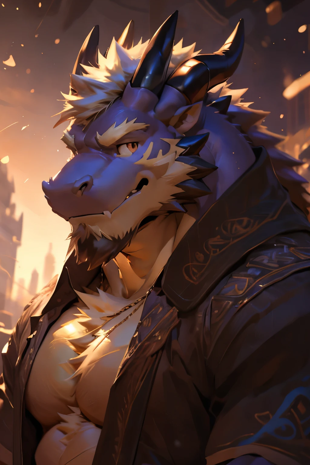 Dragon, Male, Solo, Avoiding eye contact with viewer, handsome face, hair, horn, detailed eyes, detailed face, Multi-colored body, correct face, Middle-aged, Sexy, Beefcake, Daddy,masculine,massive muscular, (Realistic Shadows, Depth of Field, Wide Field of View, Lens Flare, Head Shot), (by Darkgem, by Chunie, by null-ghost),((hypnotized)),sfw