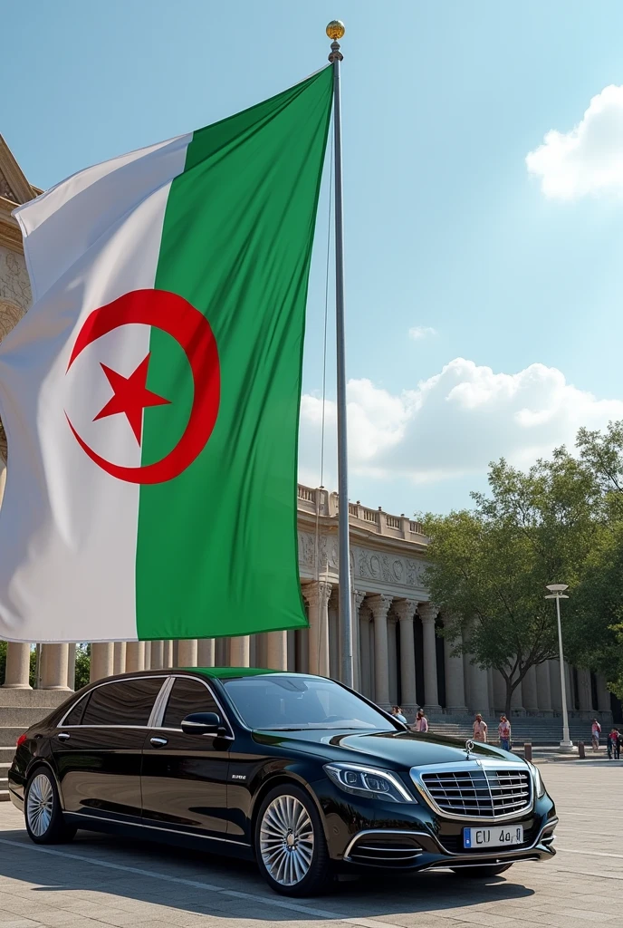 Algerian presidential vehicle parked with flag