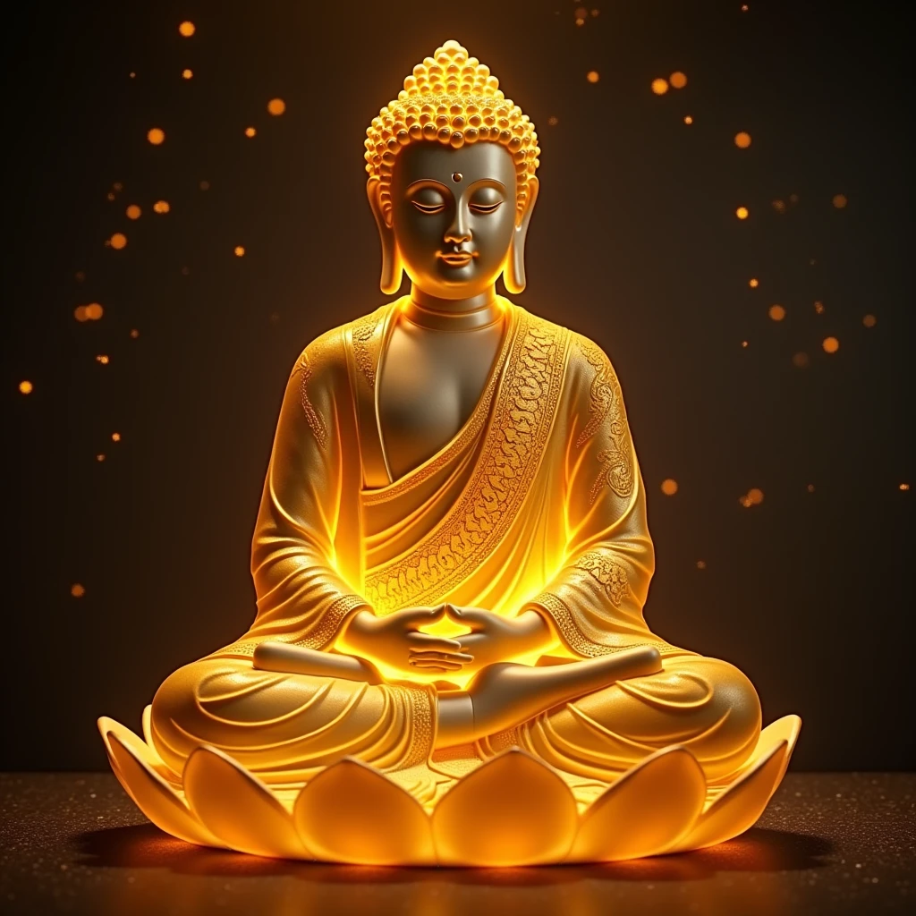 (masterpiece, best quality:1.2), 蓝色渐变色translucent的皮肤由坚硬的弹性硅胶制成,，A beautiful intricate Buddha statue , Wearing a golden cassock，Lotus position in yoga, A lotus，Solitary，Fold your hands together，Body Glow，glowing lines，Fluorescence,Glow Example，Sample trace，flash，萤Light Particles，Backlight，translucent，Light Particles，((Background of the epic stargate))