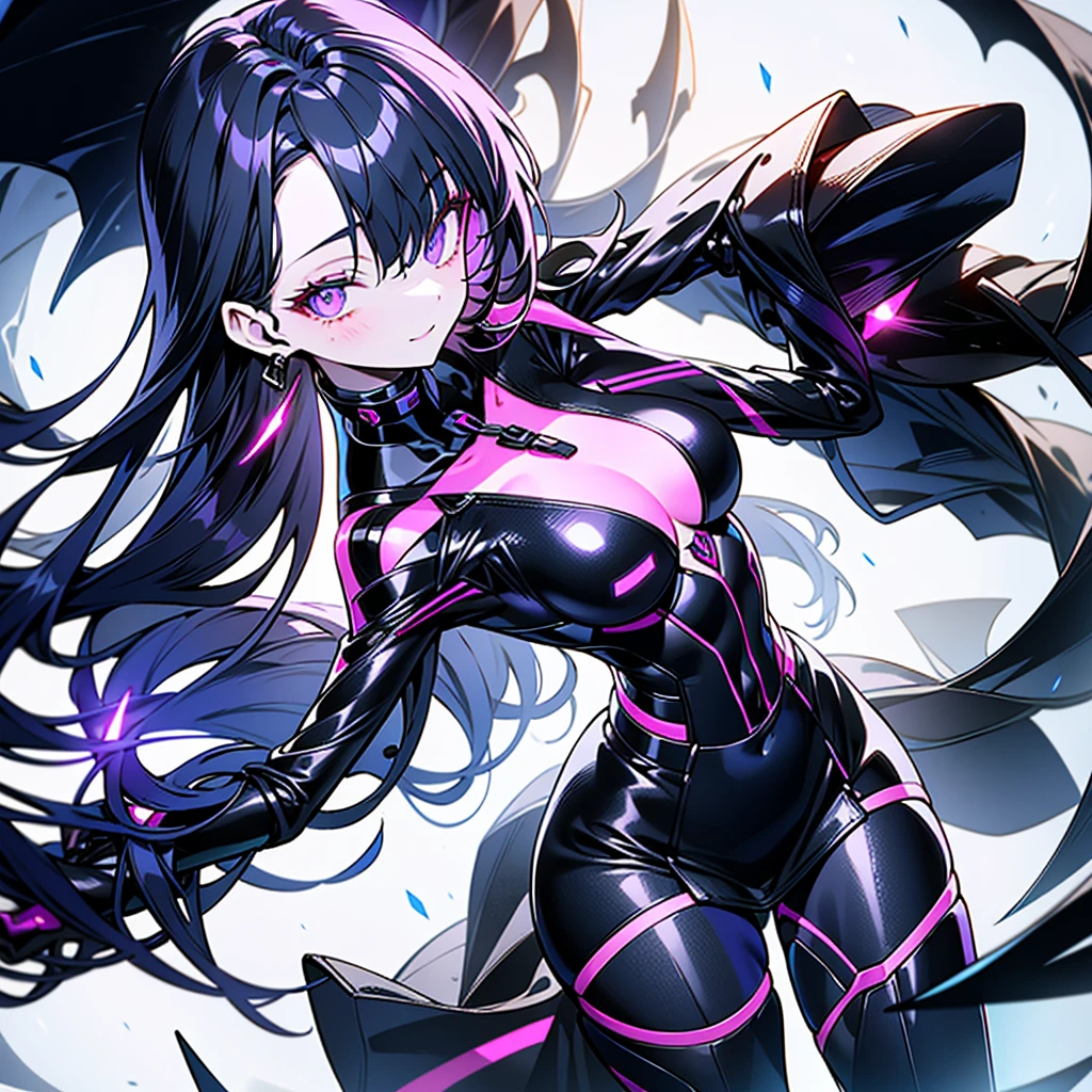 She has long, dark purple hair that falls straight down her back, contrasting sharply with her pale, almost porcelain skin. Her eyes are a deep, vivid indigo, glowing faintly in low light, a telltale sign of her Immortal essence. She wears a sleek, dark gray pilot suit with purple accents that shimmer subtly, designed to interface perfectly with her mecha’s systems.