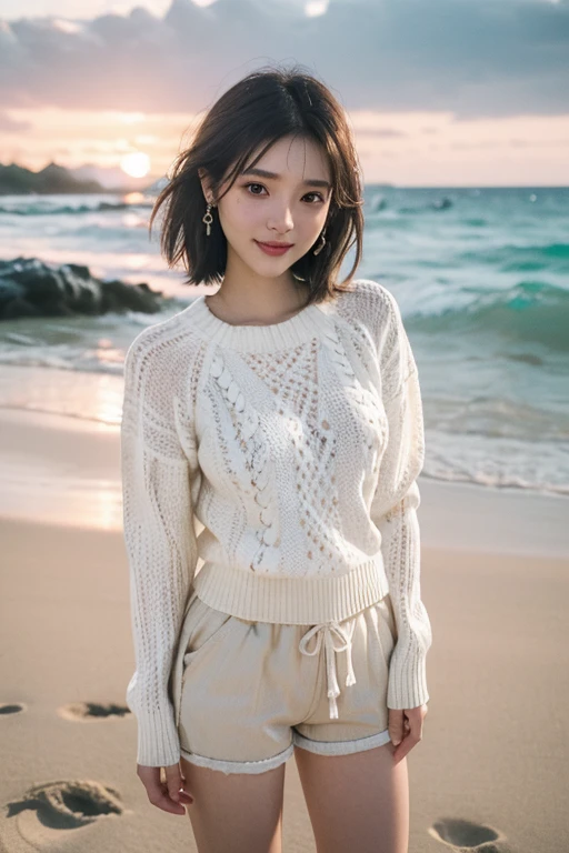 (2 Japanese girl,), (Small breasts:1.5,),(solo,,Textured skin, Detailed skin,Detailed face,Detailed eyes,detailed posing,Natural eyebrows,Sparkling Eyes,High detail, Highest quality, Super detailed, Surrealism, ,8k,RAW Photos,Photographicism,Professional Lighting,Portrait Photography,Soft Light),((Black Hair, Natural Makeup,Simple earrings, Bob Hair,ribbon,smile)),(((Light white summer sweater,Shorts,Beautiful sunset on the sandy beach)))