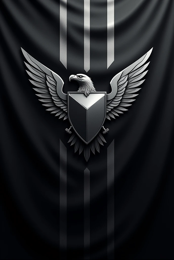 The flag has a powerful and imposing design, with the entire background in a deep, midnight black, symbolizing strength, authority, and the covert nature of military operations.

At the center of the flag is a bold, silver shield with a polished, metallic finish, symbolizing defense, protection, and resilience. The shield is adorned with a sharp, angular emblem of an eagle in flight, rendered in dark metallic gray, representing vigilance, power, and strategic dominance. The eagle's wings are spread wide, conveying readiness and control, while its talons clutch a sword, symbolizing both offensive and defensive capabilities.

Surrounding the shield are four sleek, diagonal lines in a dark, matte silver, converging towards the center from each corner of the flag. These lines represent precision, discipline, and the strategic coordination of forces.

The overall design is striking and authoritative, capturing the essence of a private military and defense company dedicated to security and operational excellence.I want it to appear like a tailored flag and a real one I don't want a dark grey background I am not referring to the background of the flag


2/2
















