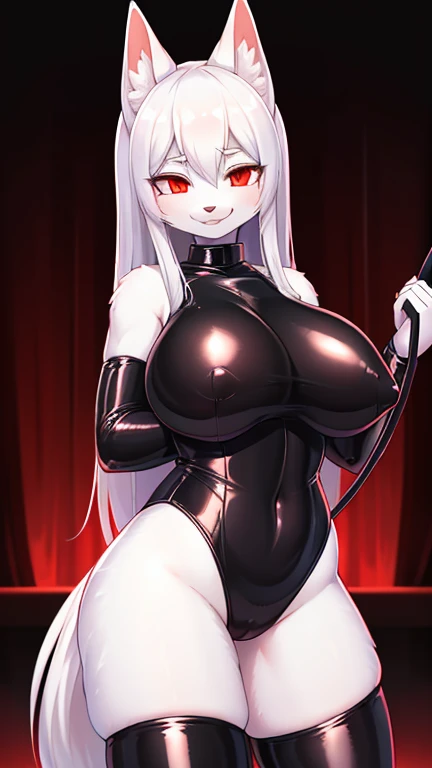 best quality, best resolution, (fluffy anthro furry), arctic fox girl, silver hair, red eyes, (white fur), long straight hair, big breast, sadistic smile, (black latex leotard, latex stockings), dark room, red lighting, holding horse whip