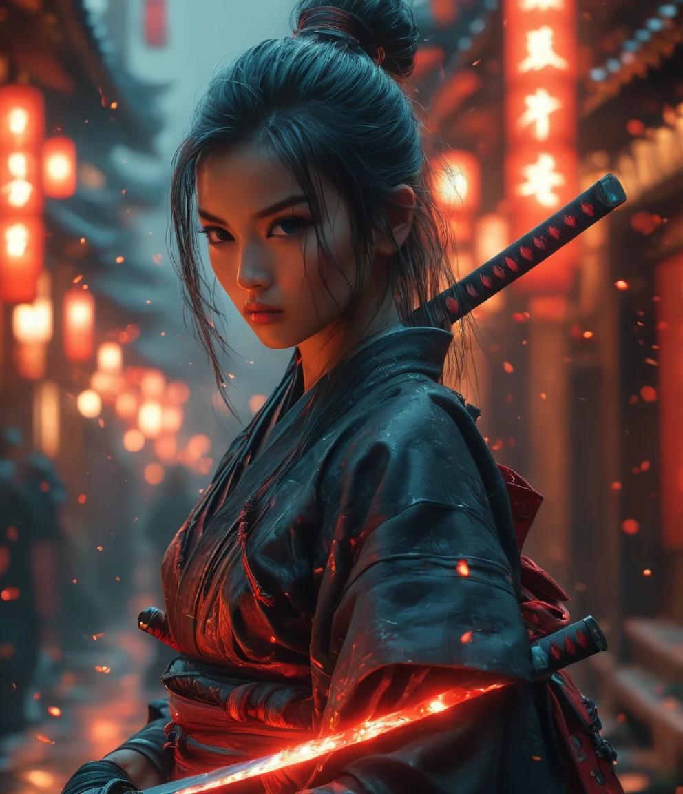 Samurai, 25yo woman, hyperrealism, very detailed skin, 4k,,, AshleyWoodArtAI,, katana profile picture, Organic Painting, night time, Matte Painting, bold shapes, hard edges, street art, trending on artstation, by Huang Guangjian and Gil Elvgren and Sachin Teng, Glow, katana, slender body shape