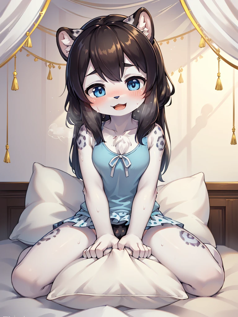 (masterpiece,best quality),mine, The Beast, , (Light and shadow suitable for any Pillow background)), A cute girl wearing a tank top poses on a pillow.,,Cheerleading,nature,, (blush),a smile,Pillow,(Lots of Pillow),Soft cushion,(canopy bed),(Pillow),Lots of Pillow,(Friction in the crotch),((Pillow Hump)),(A tail),(Around the protagonist),steam,(Pillow),(Luxury Pillow),(Palace Pillow Pattern Pillow),(palace),(Palace bedroom),(Gorgeous Pattern Pillow),Soft Pillow,,(Classical European style bedroom ),(excited,shy person,Lack of expressiveness,),pillow hump,,(Deluxe Rococo Canopy King Bed),Luxurious curtains with ornate ruffles and ribbons hang around the large bed.,((((The bed is piled with many Pillows)))),Quilt details,Detailed bed linen,Ruffled Bed Skirt,Deep Bed,Background with depth,((Pillow in detail)), ((((A Lot of Pillow)))),,,Detailed Soft Pillow,,((女孩正躺在许多Soft Pillow上,There are many Pillows around)),、、In a large canopy bed、Soft sheets and quilts、Colorful soft Pillow、Lots of Pillow、Soft toned bed、Ruffled curtains around the bed.。Delicate face,(Gorgeous pattern pillow),Soft pillows,,(Classical European style bedroom ),(Excited face,Opened his mouth,Shy,),,MASTURBATING WITH PILLOW,,,Camel toe,Snow Leopard Girl,,Long hair,Gray and white leopard ears,Gray and white leopard tail,Black leopard print,Off-white leopard fur,White shirt,,Dark blue mini skirt,Facial pattern,,Sweaty,Leopard print fur,Leopard print skin,,No socks,