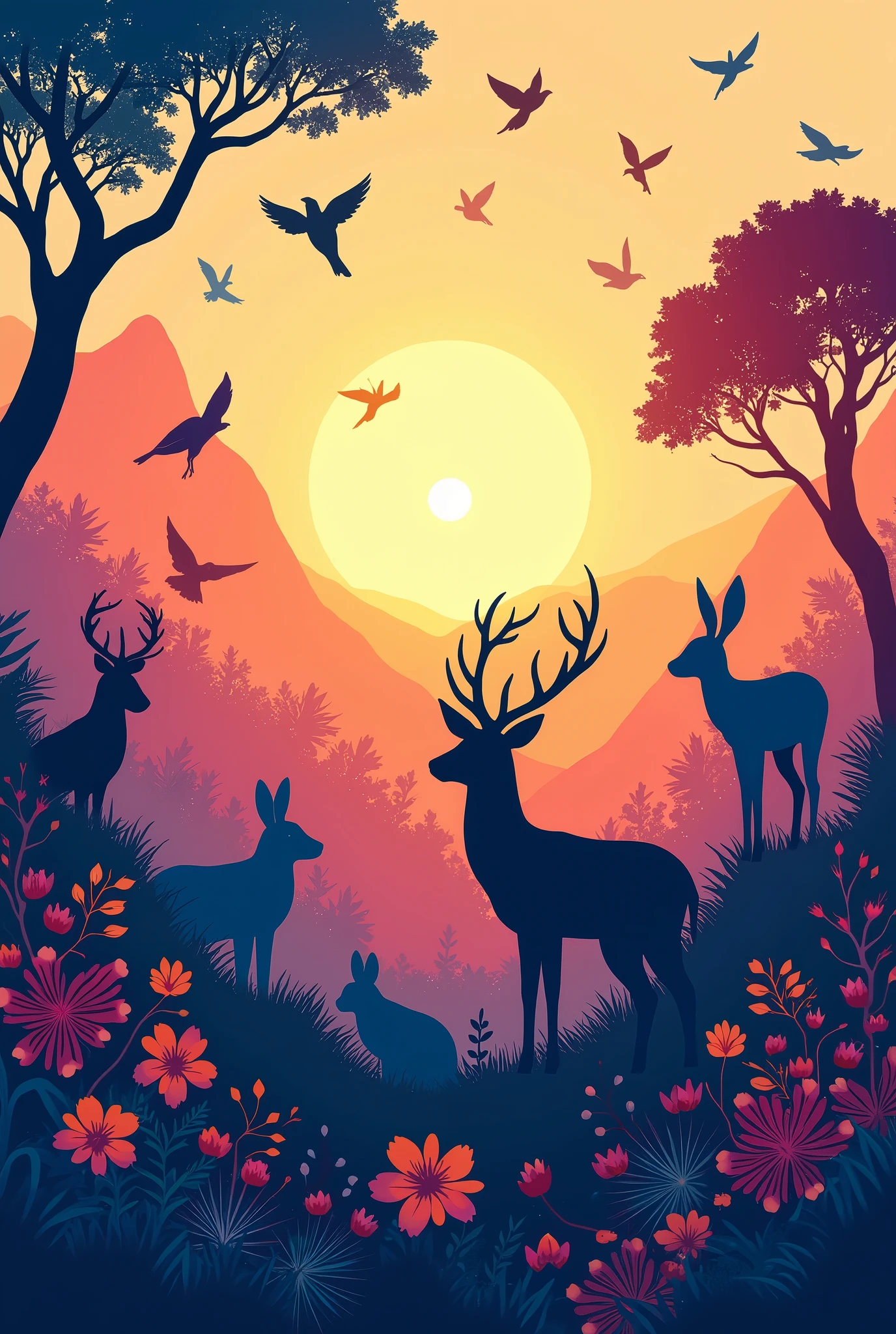 colorful silhouettes of animals in a nature scene