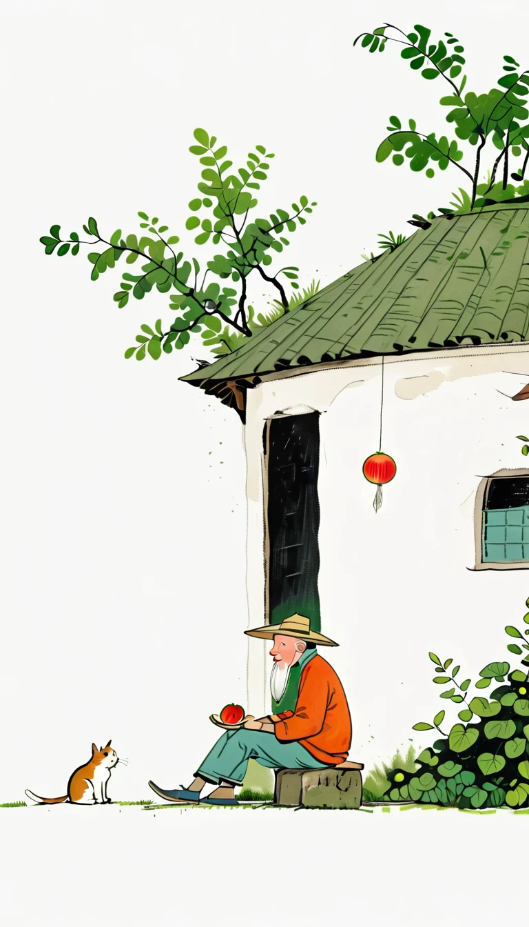 (((Negative Space:2，far away，Corner close-up，Large area of blank:2))).An old man wearing a straw hat sitting under a thatched roof eating watermelon,A tabby cat sitting beside. Simple lines,Flat shading,Featuring a Chinese-style cartoon character (Predominantly White Background:2),(Large area of blank),,Simple background,(Large area of blank）