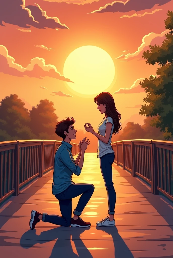 Generate me an image of a girl that is drawn as an illustration that looks more or less like a comic of a brunette test girl like 20 years old that has long straight brown hair and that is with a boy with wavy hair with a blue shirt on a bridge where you can see a sunset and he is ON HIS KNEES (the boy) with a ring to propose to her