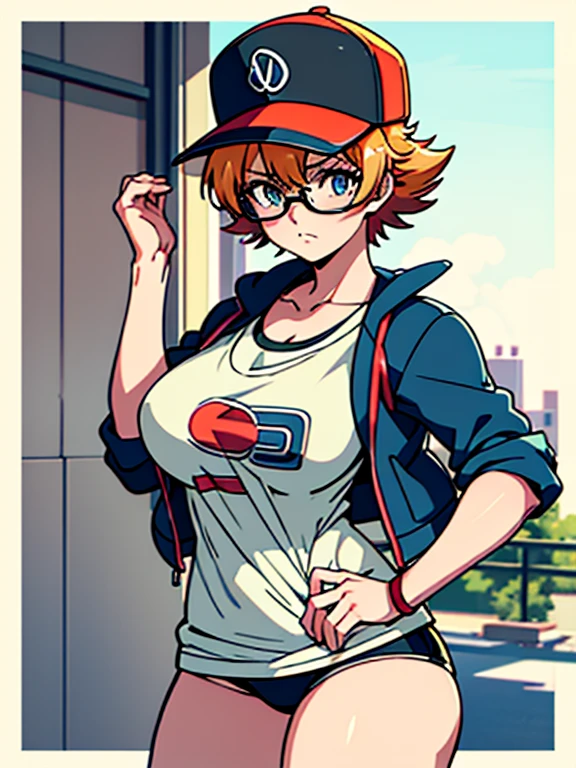 Anime character wearing glasses and a baseball cap, Digital rendering inspired by Rei Kamoi, Pixiv, What it is？, Pokemon Misty, Casual clothing, Female protagonist 👀 :8, Revealing clothing, Anya from Spy x Family, thick, Faye Valentine, In clothes! Very detailed, Damn, makoto shinka, Gainax Anime Style