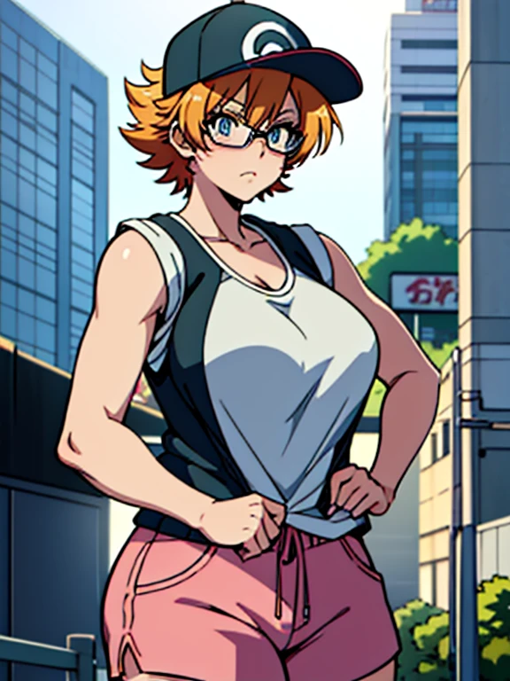 Anime character wearing glasses and a baseball cap, Digital rendering inspired by Rei Kamoi, Pixiv, What it is？, Pokemon Misty, Casual clothing, Female protagonist 👀 :8, Revealing clothing, Anya from Spy x Family, thick, Faye Valentine, In clothes! Very detailed, Damn, makoto shinka, Gainax Anime Style