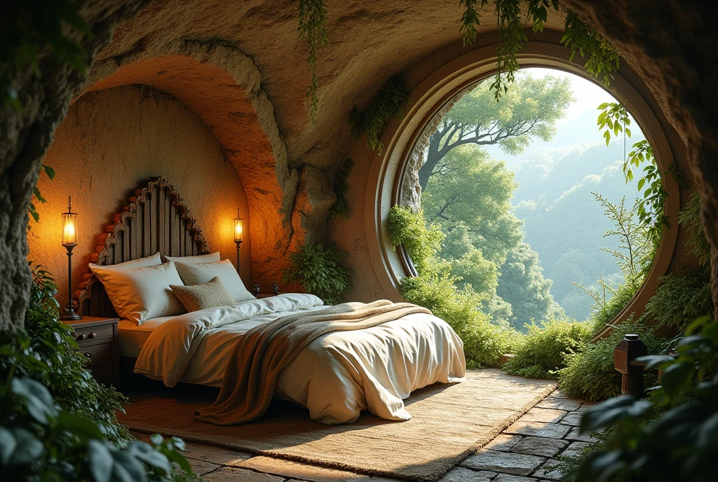 a picture of a cave and a bed in the background, interior of a hobbit hole, inside a medieval hobbit home, cozy place, in his hobbit home, cozy bathhouse hidden in a cave, cosy enchanted scene, cozy treehouse bedroom, cozy and peaceful atmosphere, magical cave, nestled in a forest, relaxing environment, beautiful fantasy cave scene, cozy environment, magical dream-like atmosphere, hobbit hole, elves house, soothing and cozy landscape, cozy atmosphere, magical environment, hobbit monastery on hawaii