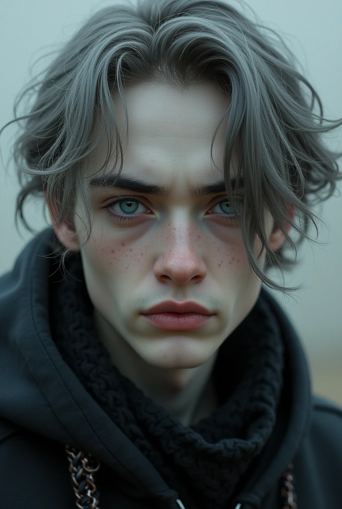 male、、blue eyes、young、sad、lonely、Grim expression、Close-up of face、beautiful、neutral、Long eyelashes、Straight nose、White skin、Gray Hair、Long Hair、Staring at the audience