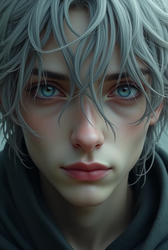 male、、blue eyes、young、sad、lonely、Grim expression、Close-up of face、beautiful、neutral、Long eyelashes、Straight nose、White skin、Gray Hair、Long Hair、Staring at the audience
