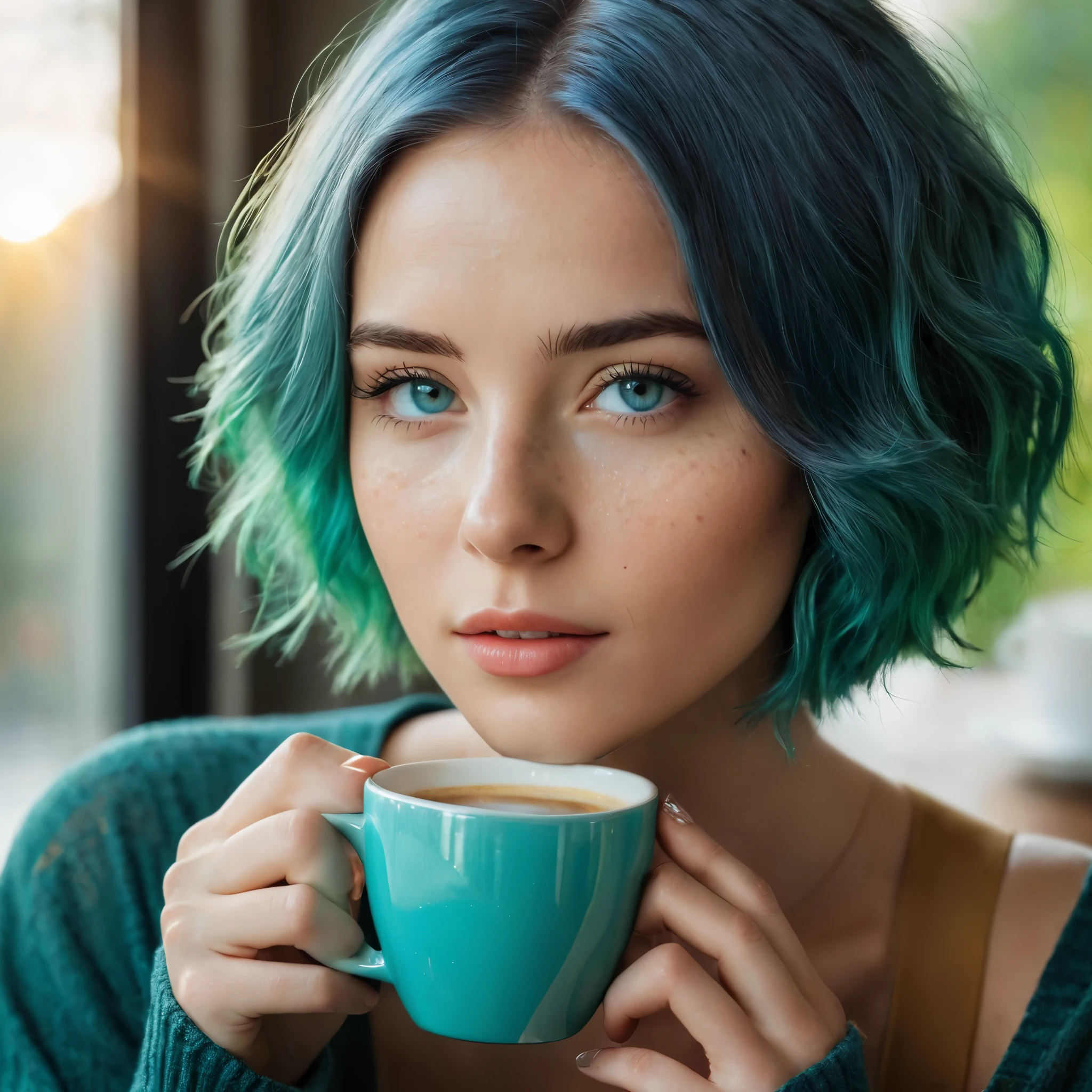 Woman 20 Years Old Nordic Ethnicity, short blue hair with a perfect face and light freckles, Blue-Green Eyes, A close-up of NovaiBrew’s hand holding a coffee cup, with soft morning light streaming in. She’s in a cozy yet elegant setting, perhaps with part of her in the frame, but the focus is on the coffee and the tranquil morning vibe.((Color palette - turquoise, neon green, yellow shades))