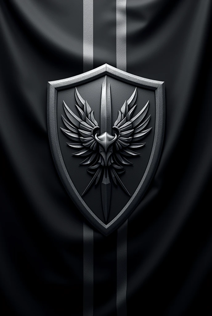 The flag has a powerful and imposing design, with the entire background in a deep, midnight black, symbolizing strength, authority, and the covert nature of military operations.
At the center of the flag is a bold, silver shield with a polished, metallic finish, symbolizing defense, protection, and resilience. The shield is adorned with a sharp, angular emblem of an eagle in flight, rendered in dark metallic gray, representing vigilance, power, and strategic dominance. The eagle's wings are spread wide, conveying readiness and control, while its talons clutch a sword, symbolizing both offensive and defensive capabilities.
Surrounding the shield are four sleek, diagonal lines in a dark, matte silver, converging towards the center from each corner of the flag. These lines represent precision, discipline, and the strategic coordination of forces.
The overall design is striking and authoritative, capturing the essence of a private military and defense company dedicated to security and operational excellence.I want it to appear like a tailored flag and a real one I don't want a dark grey background I am not referring to the background of the flag
2/2