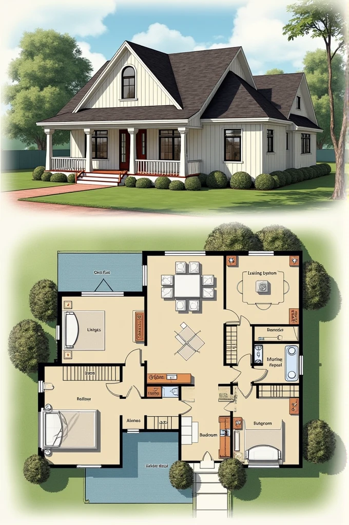 A house layout that has a porch, a living room, and 1 bedroom with attached bathroom in the front half of the house, another bedroom with attached bathroom and a small kitchen in the back half of the house

Overall the house has four sections 