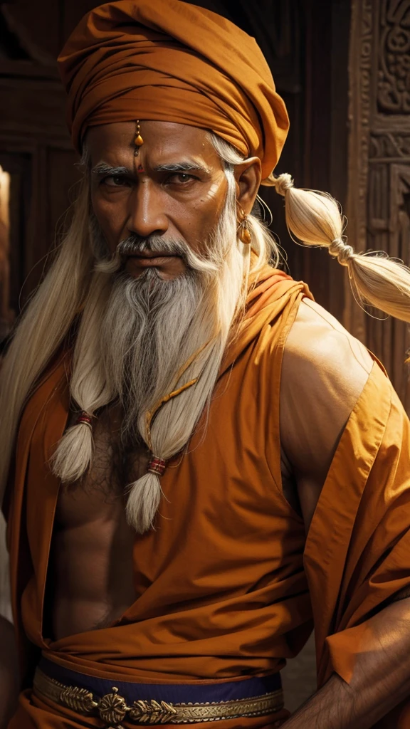 Indian prophet .ancient monk's clothes. the face is clearly visible. you can see all the details.4K. is sitting.background futuristic temple. all the colors are bright and eye-catching