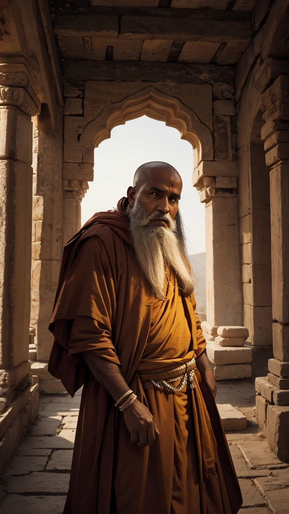 Indian prophet .ancient monk's clothes. the face is clearly visible. you can see all the details.4K. is sitting.background futuristic temple. all the colors are bright and eye-catching