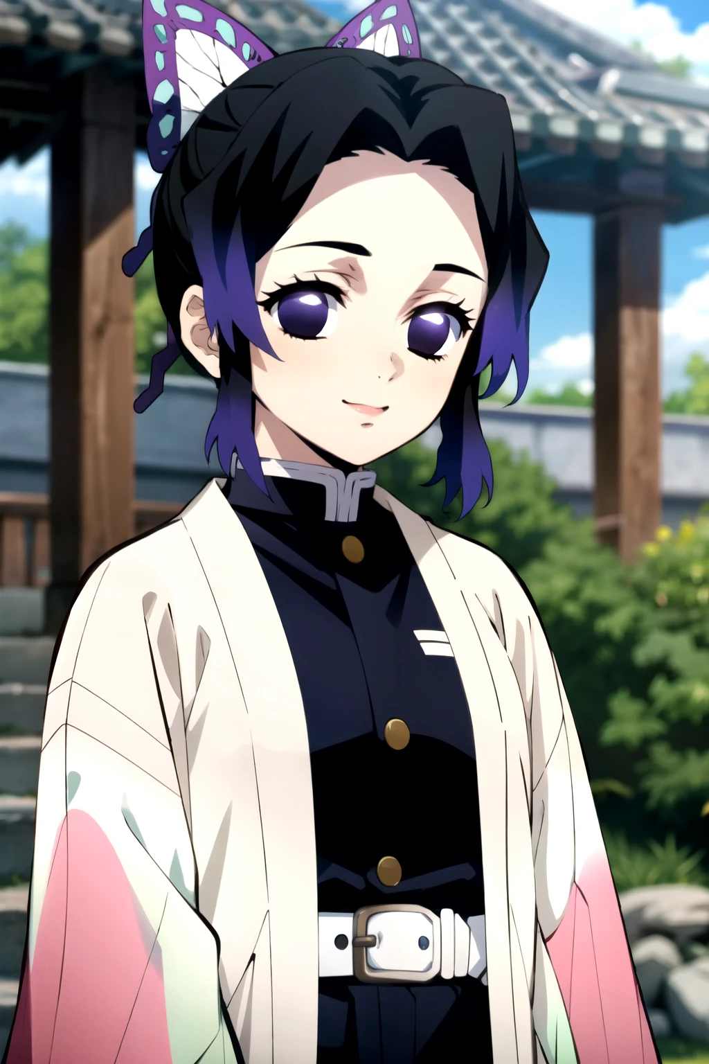 The eff_Tolerate, One person, Demon Slayer uniform, kochou shinobu, butterfly hair ornaments, alone, hair ornaments, Outdoor, Purple Hair, Multicolored Hair, Black Hair, Purple eyes, sword, smile, arms, Haori, View your viewers, kimono, Day, No students, Gradient Hair, Upper Body, Hollow Eyes, short hair, null, Jacket, knife, Blurred, cloud, Blurred background, belt, blue null, bangs, parted bangs, black Jacket, Mouth closed, Side Lock