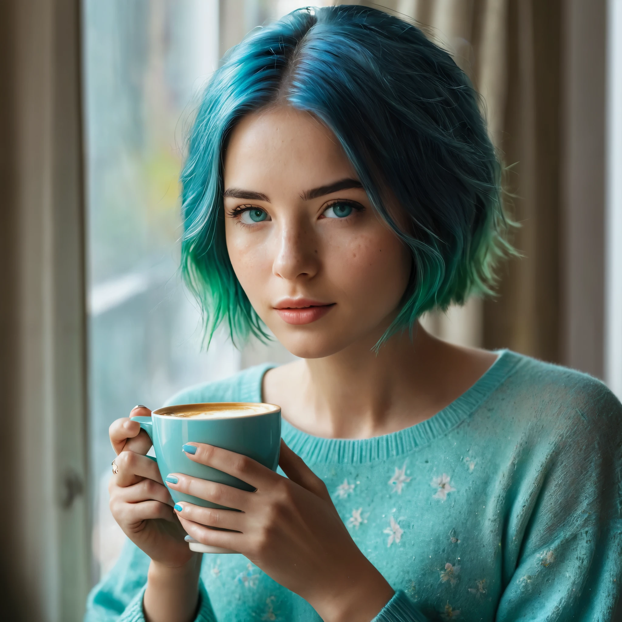 Woman 20 Years Old Nordic Ethnicity, short blue hair with a perfect face and light freckles, Blue-Green Eyes, A close-up of NovaiBrew’s hand holding a coffee cup, with soft morning light streaming in. She’s in a cozy yet elegant setting, perhaps with part of her in the frame, but the focus is on the coffee and the tranquil morning vibe.((Color palette - turquoise, neon green, yellow shades))