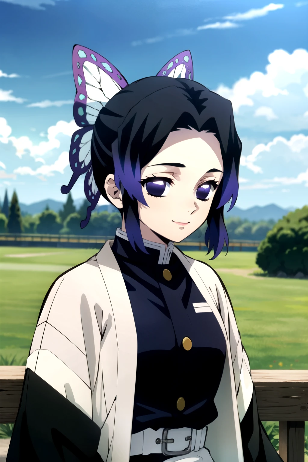 The eff_Tolerate, One person, Demon Slayer uniform, kochou shinobu, butterfly hair ornaments, alone, hair ornaments, Outdoor, Purple Hair, Multicolored Hair, Black Hair, Purple eyes, sword, smile, arms, Haori, View your viewers, kimono, Day, No students, Gradient Hair, Upper Body, Hollow Eyes, short hair, null, Jacket, knife, Blurred, cloud, Blurred background, belt, blue null, bangs, parted bangs, black Jacket, Mouth closed, Side Lock