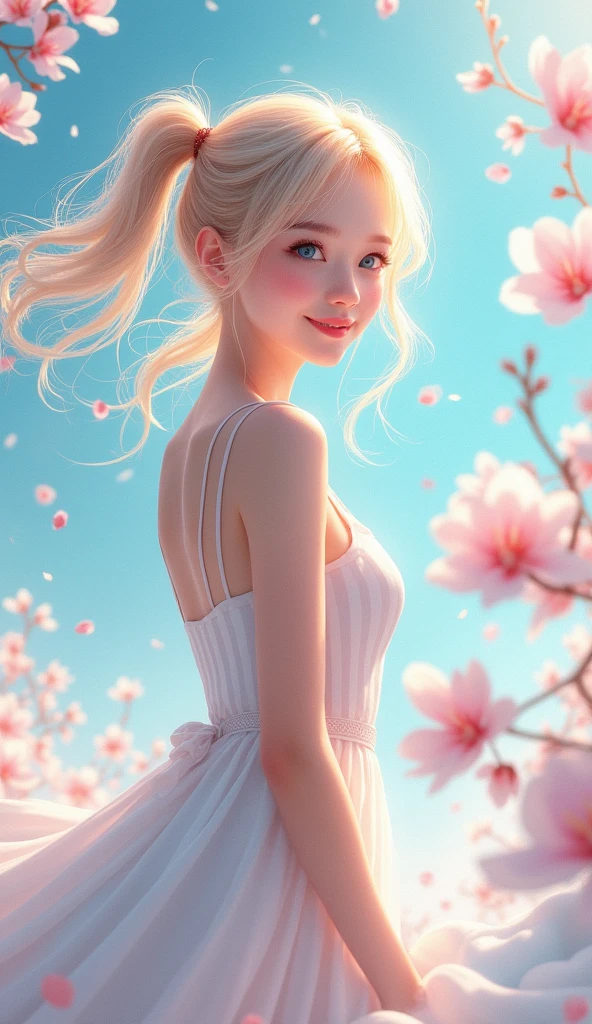A shower of falling cherry blossoms, clear skies, a blanket of snow, a fresh breeze, a fluttering skirt, blonde twin-tails, blue eyes, a rich expression, a gentle smile, a stylish camisole, long striped socks, bright sunlight, a variety of feminine poses, wonderful depictions, an award-winning work.