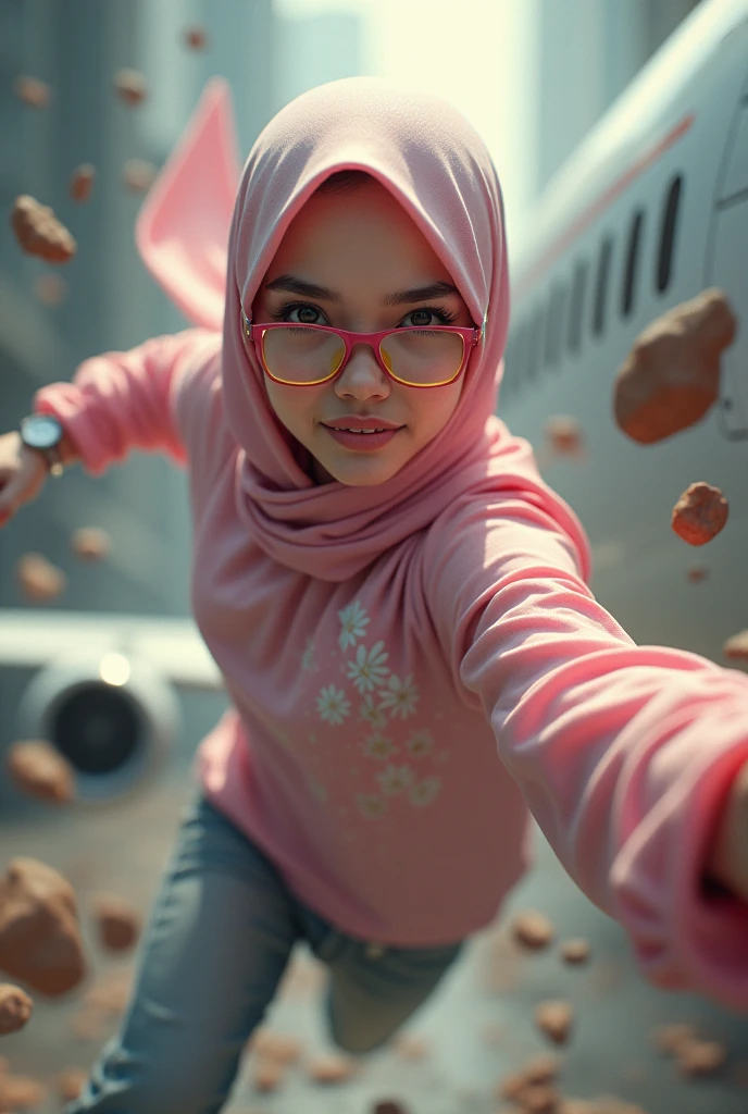 Malaysia women a realistic masterpiece. Human .wear pint watch.. 1girl wearing a hijab, detailed beautiful face, Hijab Muslim. Wear long sleeve moder design pink white pink stripe white. anger face, minimalist flower on shirt. Enger face. Open mouth. Glowing power pink. . Wear pink white.small Safety Pink yellow glasses google spectacle top of the head rubber band. Age . Flying position. Fast fly. Panning effect Photography . Jump on and have a super strong power.. punch flying beside big aeroplane . Fight pose. Bokeh background. fist front.. At the city. Bad waether. , detailed lips, long eyelashes. Hero, modest expression, delicate facial features, natural skin tones, , detailed folds and textures of hijab, natural lighting, high quality, photorealistic, 8k, best quality. Malaysia girl. Floating small stone and dry leave. ). Running effect. Glowing yellow power. Runfast effect. Wear blue big glasses big frame. Braces teeth. Boleh background. Panning effect.pink high tech watch. flying high on sky. Camel toe pant