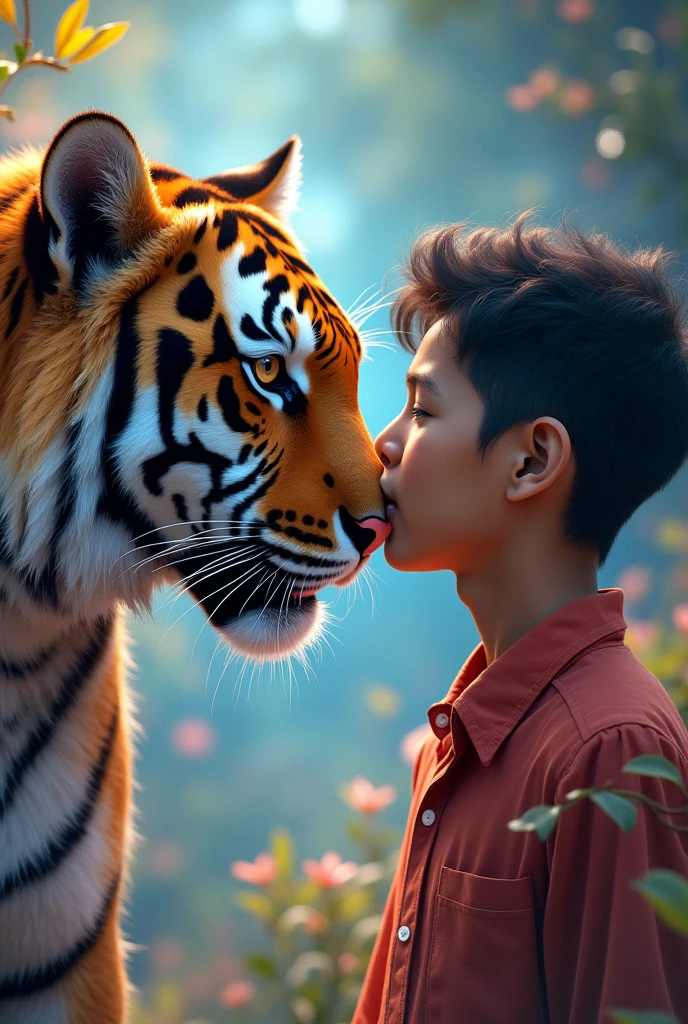 a young man from Indonesia with light skin wearing a kameja, with a tiger, niji vision, high quality