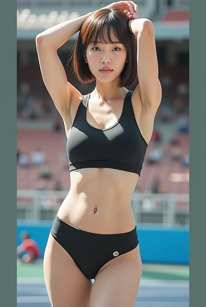 (masterpiece:1.2,Highest quality,Ultra-high resolution,超detailed),(Photorealistic Stick:2.0),(RAW Photos:2.0),(Elaborate photos:1.6),(8k),(wallpaper),Cinema Lighting,(Written boundary depth),(Sophisticated lighting:1.2),break(1 female:1.6),(Are standing),(Japanese),(front:1.6),(Underarm:1.6),(whole body:1,6),(look at me),(strict),break(short hair),(Beautiful Face,Beautiful Eyes,detailedな顔,,detailedな肌,detailedな肌の質感:1.3),(Sporting goods:1.5),(Racing Bloomer:1.5),(Racing Shoes),break(Muscular),(Sensual),(Thick thighs:1.2),(The background is an athletics stadium:1.6),(Blur the background:1.6),(Detailed hand),(hand,detailed,perfection,perfectionion,hand)