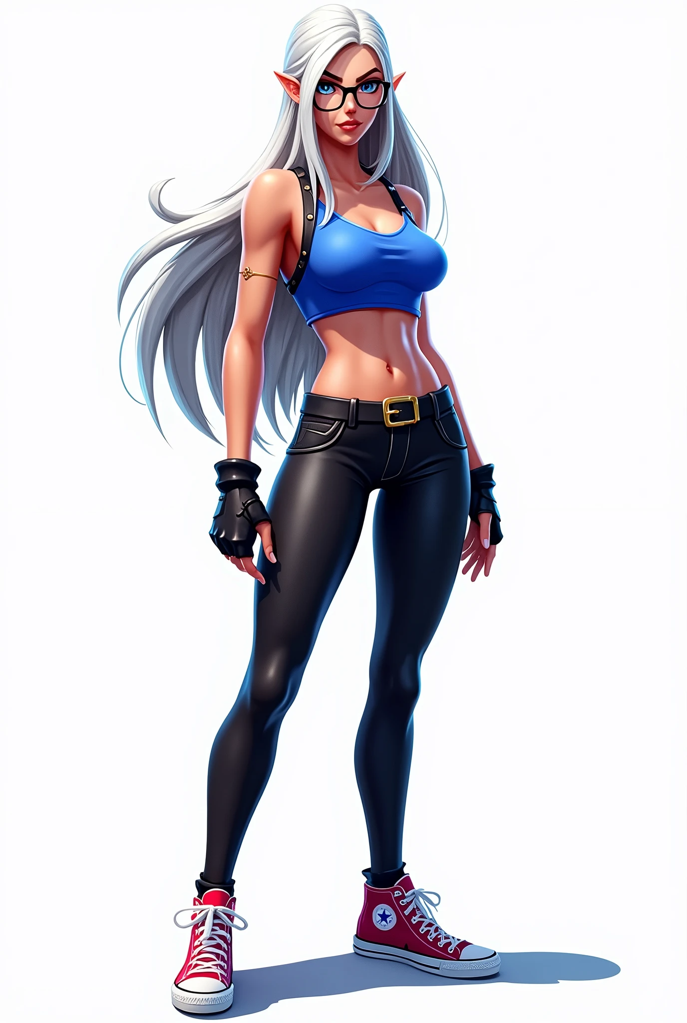 fortnite style girl, long white hair, Broad Hips, blue colored eyes, Wearing allstar sneakers, glasses, sexy cobalt blue top black leggings full body
