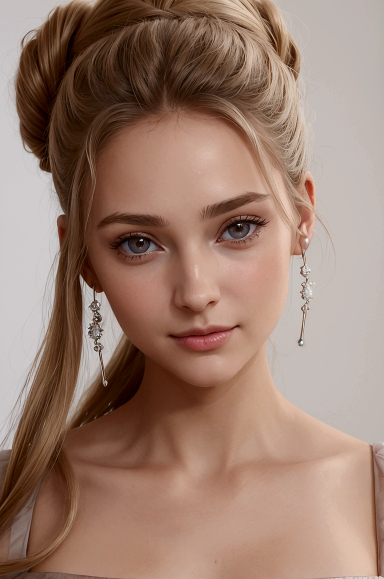 Créer l'image d'une jeune femme avec un visage légèrement plus provocateur et espiègle. Elle a des cheveux bruns, coupés au carré avec une raie au milieu, tombant légèrement au niveau des épaules. Sa peau est légèrement bronzée, douce et sans imperfections visibles. Ses yeux sont de couleur marron clair, avec une lueur brillante qui dégage une touche de malice. Ses sourcils sont bien définis et légèrement arqués, ajoutant à son expression une allure plus coquine. Elle a des lèvres pleines, légèrement pulpeuses, avec un sourire subtil et séduisant qui accentue l'aspect coquin que l'on recherche. Sa mâchoire est bien définie, avec des pommettes légèrement saillantes, ce qui ajoute une dimension de confiance à son expression faciale. Elle porte des boucles d'oreilles en or, qui ressortent contre ses cheveux sombres. Le tout doit dégager une allure à la fois élégante et légèrement provocatrice, avec une attitude sensuelle.