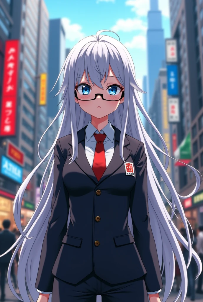 Gojo female with her glasses on a street in jujutsu kaisen