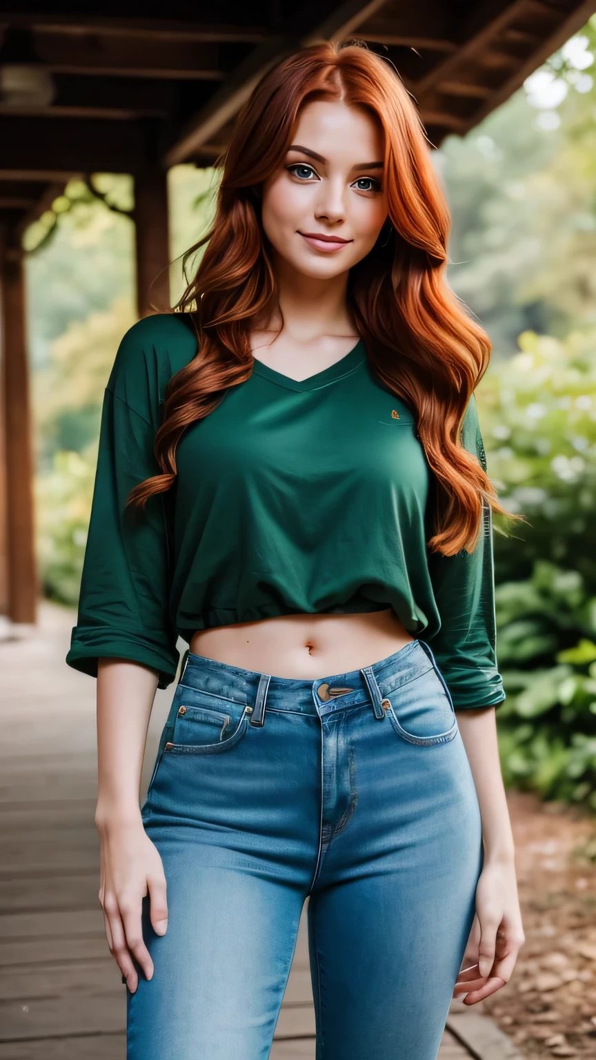 Realistic full body photo of a smiling, Young red-haired girl with long hair, She dances in front of the camera in a long green T-shirt and tight jeans., Park,glamour fotoshooting, Park, perfect anatomy, perfect green eyes. Perfect hands with 5 fingers on each hand, Matching girl, looking at the camera, 1 Frau. (Eye make up:1.1), (highly detailed skin:1.1), spirit, analog style, keen focus, 8K UHD, dslr, good quality, Fujifilm XT3, Grain, Award-winning, masterpiece. Park