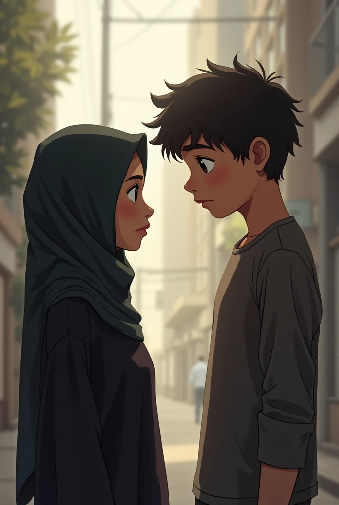 A muslim girl go and a upset age boy stand