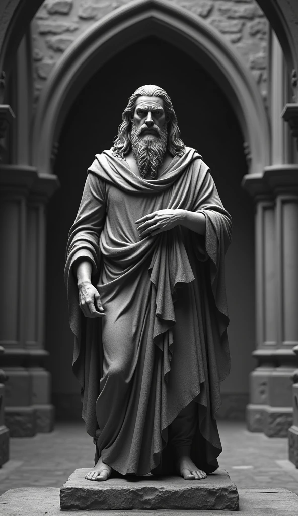 Philosopher's sculpture with a stern face and sharp features long hair and beard looking at us standing in an ancient castle. Make the theme black and white , make it vibrant and hyper realistic.